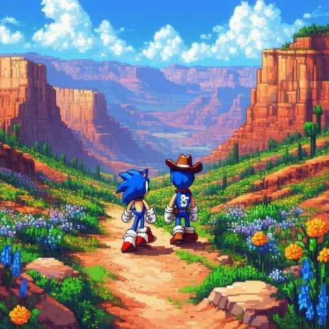 Sonic and a Cowboy Cat Hiking Pixel Trails