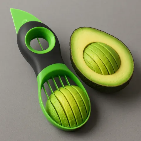 Green Avocado Slicer with a Black Handle Is Cutting