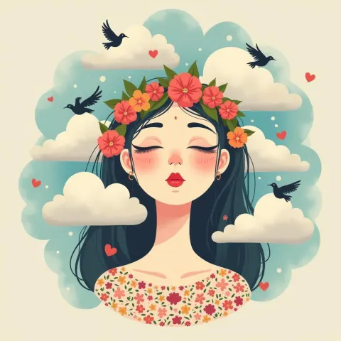 Cloud Goddess With Closed Eyes and Circling Birds