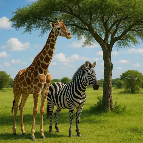 Zebra and a Giraffe Are Positioned Next