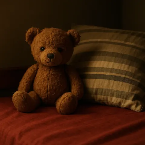 Worn Brown Teddy Bear Sits on a Red Bed Next