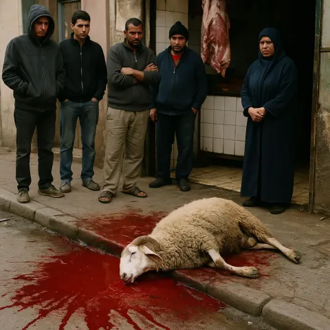 Group of People Stands near a Butcher Shop