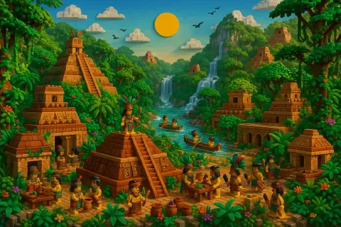 Intricately Detailed and Vibrant LEGO-style Diorama Showcasing an Ancient Mayan