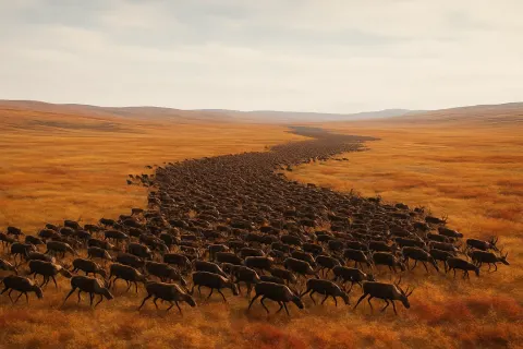 Vast Herd of Migrating Caribou Flows Like a Dark River