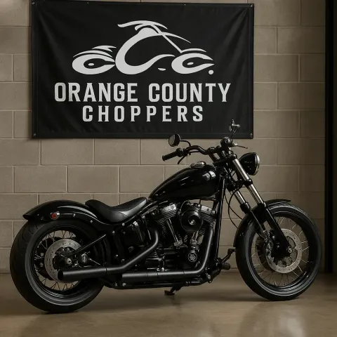 Customized Black Chopper-style Motorcycle Displayed Indoors