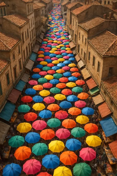 Hundreds of Colorful Umbrellas Form a Dense