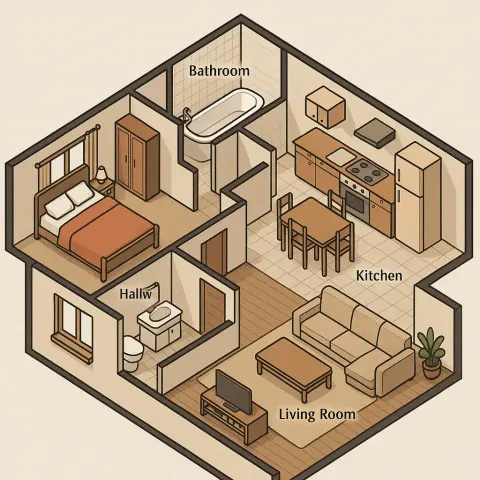 Detailed Isometric Illustration of a House's Floor Plan