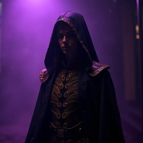 Enigmatic Figure in Black and Gold Neon