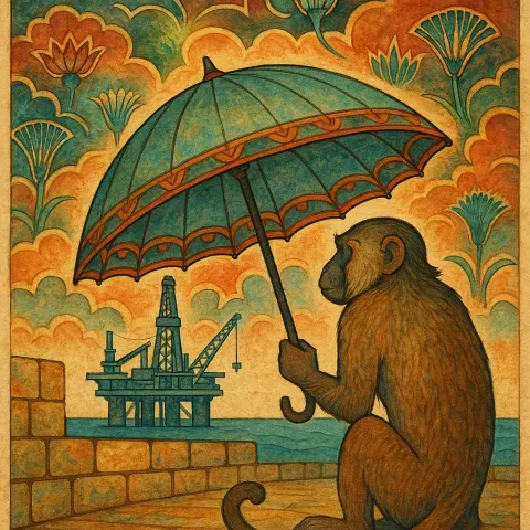 Macaque with an Umbrella by a Stone Wall