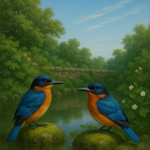 Two Vividly Feathered Birds Rest on Mossy