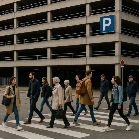 Pedestrians Crossing a Zebra-striped Crosswalk in Front