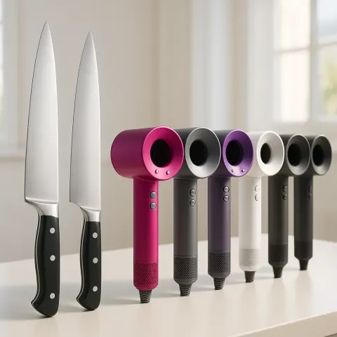 Describe a Brightly Illuminated Space Showcasing Three Sleek Kitchen Knives