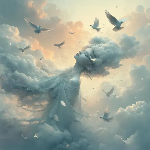 Vector Cloud Goddess Surrounded by Ethereal Birds