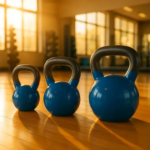 Three Stylish Blue Kettlebells Sit in an Orderly Row