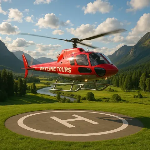 Helicopter Labeled "Skyline Tours" Along its Side Is Seen
