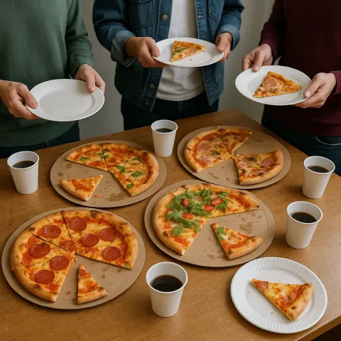 Table with Partially Eaten Pizzas