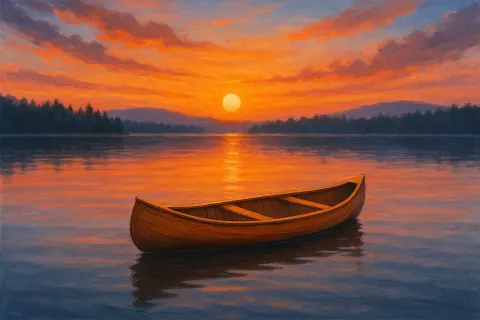 Serene Lake at Sunset with a Small Wooden Canoe Gently