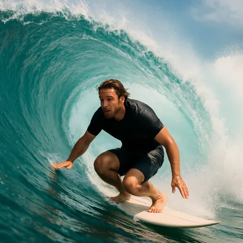 Man Crouched on a Surfboard
