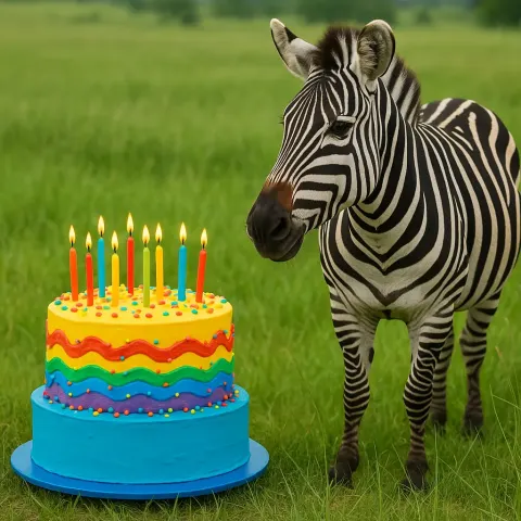 Vibrant Birthday Cake Positioned Beside a Zebra in a Lush