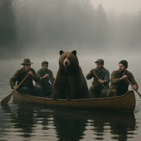 Bear Is Peacefully Seated in the Middle of a Canoe