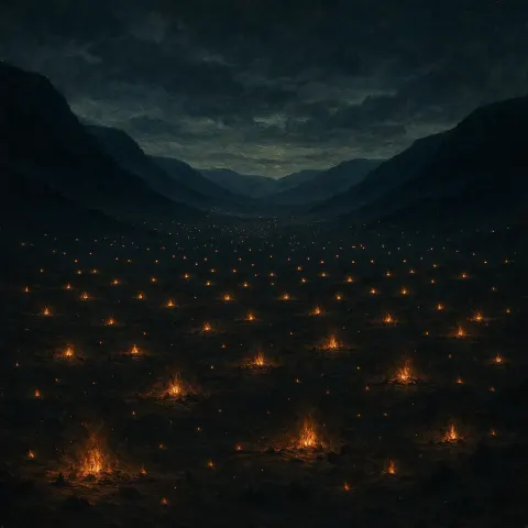 Countless Distant Campfires Flicker Like Scattered Embers Across a Vast