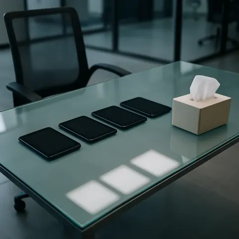 Sleek Glass Desk Serves as the Stage for Five Identical
