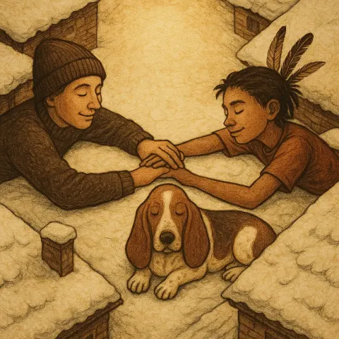 Papyrus-textured Snowy Rooftops Frame a Lover in a Beanie