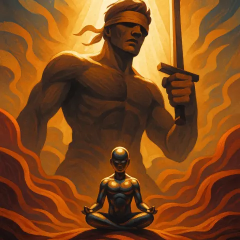 Diminutive Figure in Gleaming Metallic Meditates as a Blindfolded Hero
