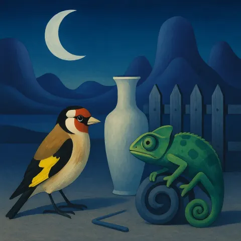 Stylized Goldfinch and Chameleon Gather near a Vase