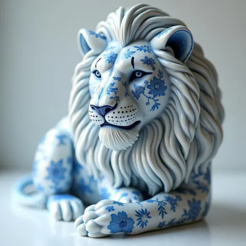 Porcelain Lion Adorned With Blue French Toile