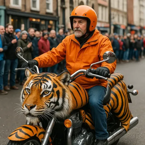 Man in an Orange Jacket Rides a Tiger-themed Motorcycle