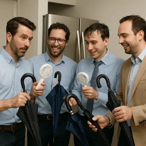 Collection of Men Stands Close to the Refrigerator