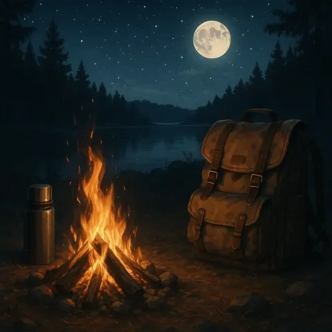 Tranquil Nighttime Setting Featuring a Glowing Campfire