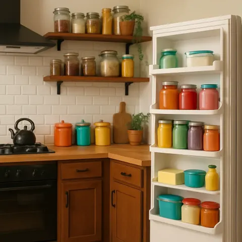Culinary Space Featuring an Open Fridge Door and Shelves