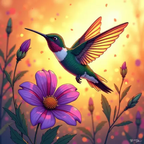 Manga Hummingbird Bursting Over a Purple Flower