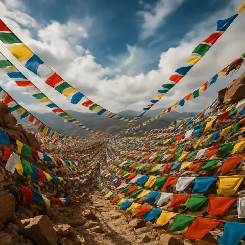 Countless Prayer Flags Flutter on a High Mountain Pass