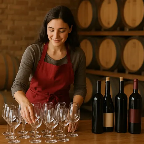 Woman in a Red Apron Is Preparing Wine Glasses