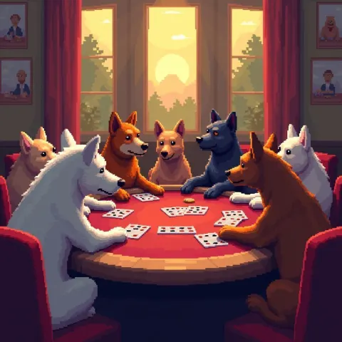Seven Pixel Dogs Around a Poker Table
