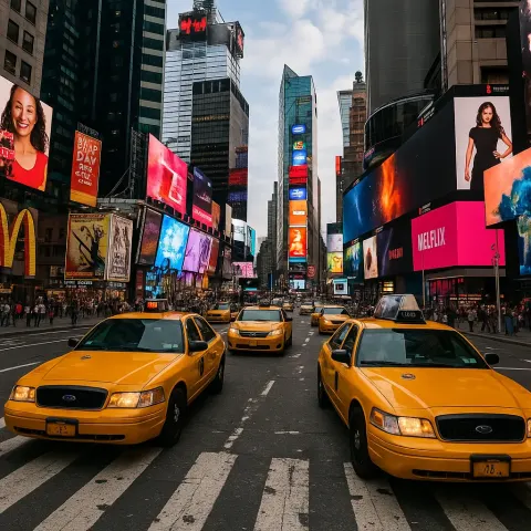 Yellow Taxis Driving Through a Bustling Times Square with Towering