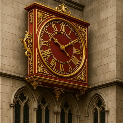 Decorative Red and Gold Clock on the Stone Facade
