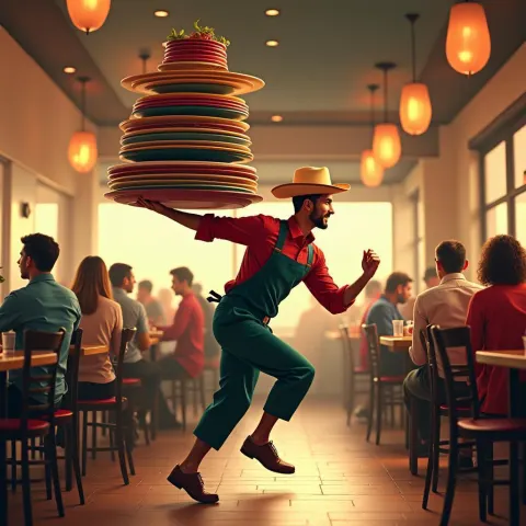 Manga Server Dashing With Towering Plate Stack