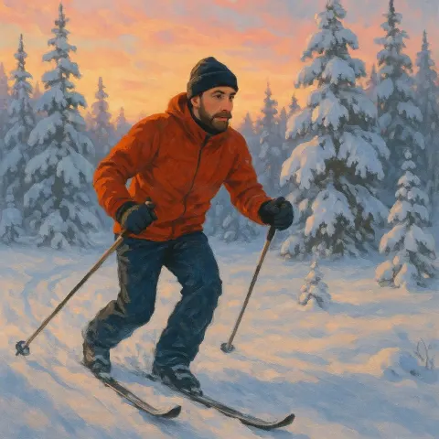 Skier Gliding Through Snowy Terrain