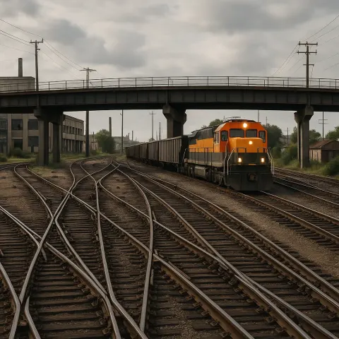 Railroad Yard with Multiple Intersecting Tracks and a Train Moving