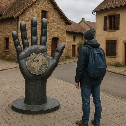 Person Stands Next to a Metal Sculpture Resembling a Hand