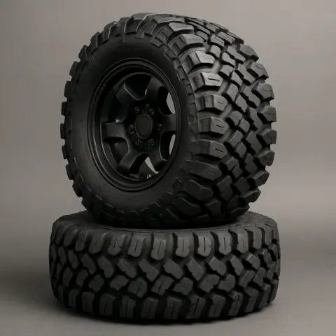 Two Stacked Rugged Black Off-road Tires with Robust Tread Patterns