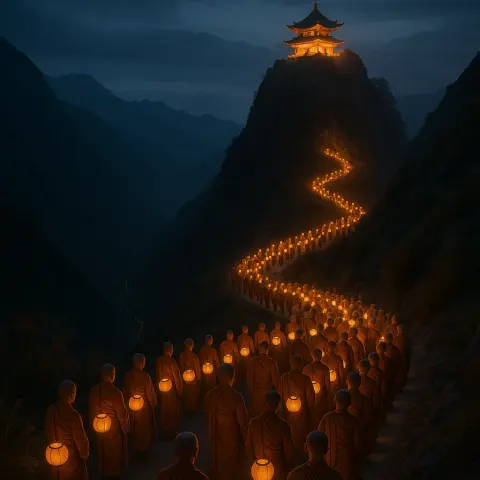 Winding Procession of Hundreds of Lantern-bearing Monks Slowly Makes