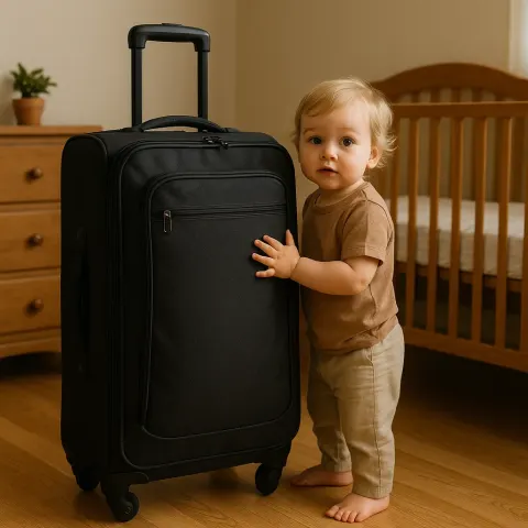 Young Child Stands Next to a Large Black Suitcase