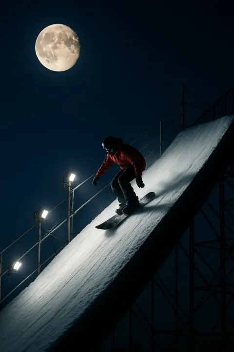 Snowboarder Descends a Tall Illuminated Ramp at Night
