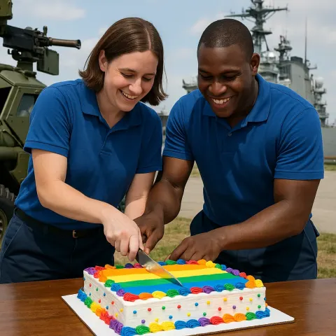Two Individuals Wearing Blue Shirts Are Cutting a Colorful Rectangular