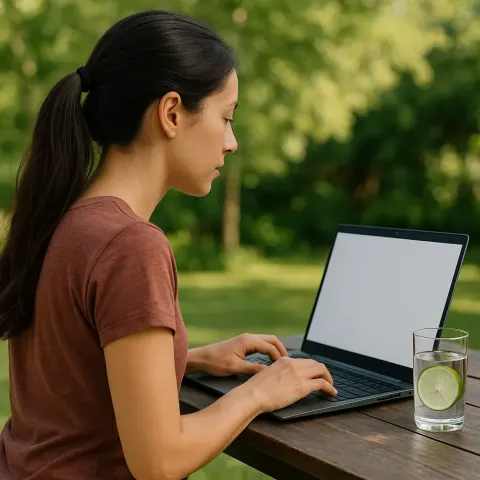 Person with Long Hair Tied in a Ponytail Sits Outdoors